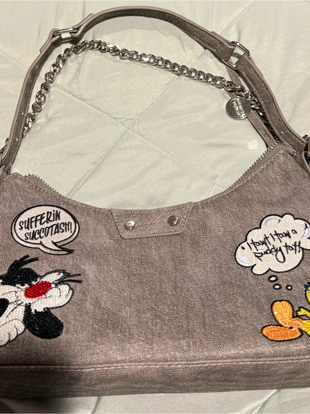 Aldo Taupe Cartoon Patch Shoulder Bag with Silver Chain